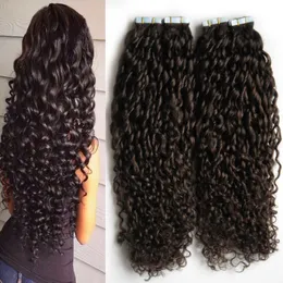 200g Afro Kinky Curly Double Drawn Brasilianska Virgin Pu Tape Hårväv Människans hårförlängningar Skin Weft 80PC Brazilian Hair Products