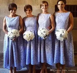 2019 라벤더 레이스 높은 낮은 신부 들러리 드레스 빈티지 크루 넥 라인 웨딩 게스트 하녀의 명예 가운 플러스 사이즈 맞춤 제작