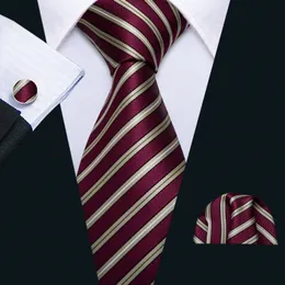 Fast Shipping Tie Set Red Cream Striped Men's Silk Wholesale Classic Jacquard Woven Necktie Pocket Square Cufflinks Wedding Business N-5185