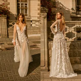 2019 Illusion Berta Wedding Gowns Deep V Neck A Line Lace 3D Floral Appliqued Sexy Weeddings Sexy Weddinges Long Maniche estate Boho Bridal 2213