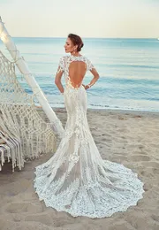 2019 Eddy K Mermaid Wedding Dresses Juvel Neck Hollow Back Lace Appliced ​​Sweep Traad Beach Wedding Dress Long Sleeve Robe de Mari231V