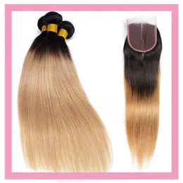 Brazilian Virgin Hair Extensions 1B/27 Ombre människohår 3 buntar med 4X4 spetsförslutning Rak 4 stycken/lot 1B 27 Hårprodukter