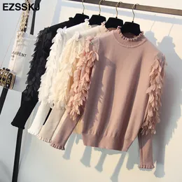 Koreańska Wiosna Jesień Luźne Kwiaty Mesh Lampion Rękawy Sweter Potargany Kołnierz Dzianiny Kobiety Sweter Pulower Femme Pull Tops Y190830