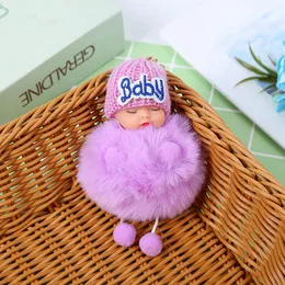 Cute Sleeping Baby Doll брелок Pompom Rabbit Fur Ball Карабин Key Chain брелоки Женщина Дети брелок ключ сумка Подвеска кольцо RRA2830-12