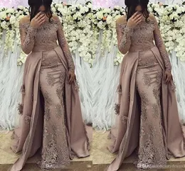 Dubai Arabic Sheer Lace Mermaid Long Prom Dresses Long Sleeves Tulle Applique Beaded Formal Prom Party Gowns Dresses Evening Wear Custom