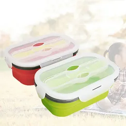 Outdoor Camping Bento Box Eco-Eco-Friendly Salapible Salad Bowl 800ml Food Grade Silikon Składany Duży Lunch Box z widelec H0513 T03