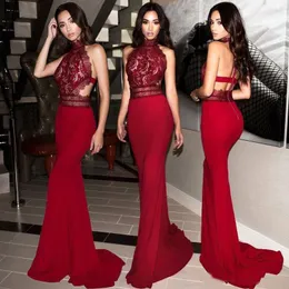 Burgundy Cutaway Sides Sexy Backless Prom Dresses New Arrival High Neck Illusion Top Lace Appliques Satin Long Evening Gowns BC2263
