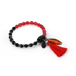 Hot Style Luksusowe Naturalne Kamień Różowe Koraliki Strands Bransoletka Damskie Handmade Fine Love Charm Red Tassel Bransoletki