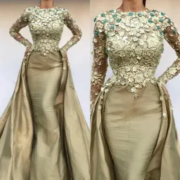 Dresses Prom 2020 Gold Long Sleeves Overskirt 3D Floral Applique Handmade Flowers Satin Mermaid Custom Made Evening Party Gowns Formal Wear