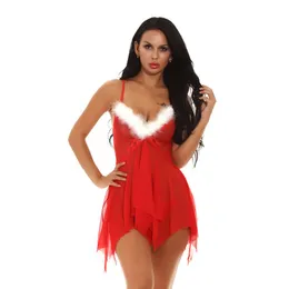 Women Festive Red Lace Cups Mesh Babydoll Christmas Holiday Chemise with White Fuzzy Bustline and Irregular Hem Sexy Lingerie Intimate