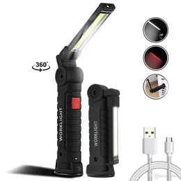 USB recarregável cob liderada lanterna trabalho luz inspeção luz 5 modos cauda de cauda imã design pendurado lâmpada tocha 2 tamanhos à prova d'água