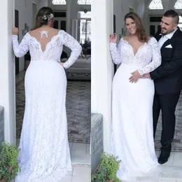 2019 Plus Size Sereia Vestidos Full Lace Mangas Compridas Sweep Train Sheer Neck Mergulhando Frisado País Vestido De Casamento Vestido De Novia 401 401