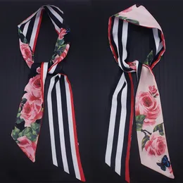 high qualtiy 110cm*7cm silk scarf new rose flower stripe double-sided silk scarves for woman female tied bag ribbon hair band