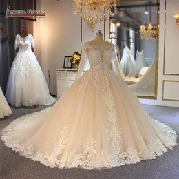 2020 Chamagne Lace Ball Gown Bröllopsklänningar Muslimska Långärmad Öppna Back Plus Size Bridal Gown Real Pictures