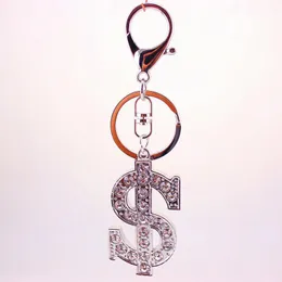Silver Alloy Key Chain Crystal Rhinestone Metal Pendant Keychain US Dollar Coin $ Logo Car Accessories Key Ring Holder Bag Charm Accessories