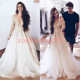 Elegancki Z Długim Rękawem Koronki Plus Size Suknie Ślubne Tulle Sheer Illusion Bodice Suknie panny młodej Robe de Mariée Country Bridal Dress Ball