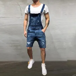 Mäns Jeans Jumpsuits Shorts 2021 Sommar Fashion Hi Street Distressed Denim Bib Overaller för Man Suspender Pants1