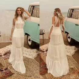 Tasselklänningar Senaste High Neck Lace Appliqued Chiffon A Line Bridal Gown Boho Bohemian Wedding Dress Robes de Marie