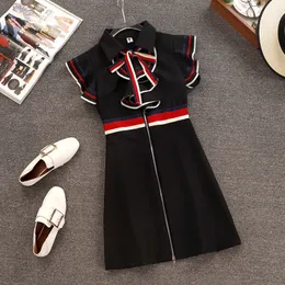 New 2019 Summer Runway Designer Women Retro Butterfly Sleeveless Bow Tie Collar Ruffles Weave Striped Zipper Up Mini Dress MX190725