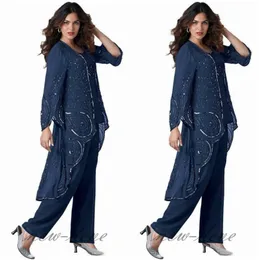 Plus Size Navy Blue Matka Bride Sukienek Spodnie Garnitury 3 Sztuk Matka panny Młodej Garnitury Gościnne Suknie Wieczorowe Suknie