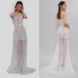 Hot Sell Sexy Wedding Robes Spaghetti Strap Sleeveless Appliqued Lace See Through Night Gown For Women Ribbon Backless Sweep Train Sleepwear