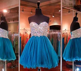 Free Shipping Teal Blue Sweetheart Strapless Mini Length Crystal Lace Up Back Prom Homecoming Dresses With Beaded Bodice HY1635