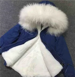 mini parka demin blu foderato in pelliccia di coniglio bianco Pellicce Mukla di marca cappotto da neve da donna con finiture in pelliccia di procione