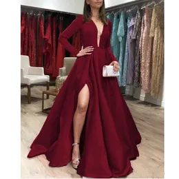 Red Vintage Dark Split Prom Dresses Sexy Deep V Neck Long Sleeve Formal Arabic Evening Gowns Cheap Satin A Line Plus Size