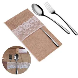 Creative Jute Hessian Burlap Linen Lace Cutlery Holder Vintage Birthday Wedding Party Decoration Knife Fork Tableware Supplies