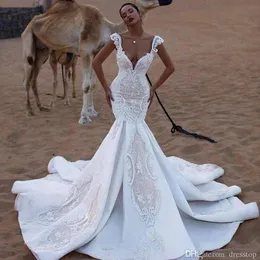 2019 sjöjungfru bröllopsklänningar applique v neck spets brudklänningar strand sweep train backless bröllopsklänning skräddarsydda