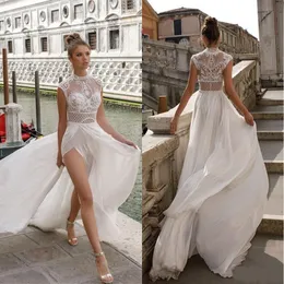 Gratis frakt Hög Slits A-Line Bröllopsklänningar Böhmen Sexig Lace Appliqued Bridal Gowns En Line Beach Wed Dress
