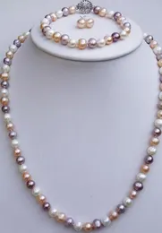 ENVÍO GRATIS + + 7-8 mm de colores mixtos Collares de perlas de agua dulce Pulseras Pendientes conjuntos