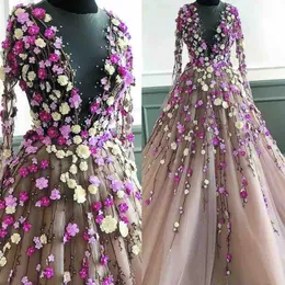 3D Floral Appliqued Sukienki na studniowe sukienki z długim rękawem Kwiatowe suknie wieczorowe arabskie sukienki na imprezę vestido de festa