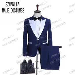 2019 blå prom män bröllop kostymer vit toppad lapel smoking brudgum groomsman bästa man terno masculino slim fit mans kostymer med byxor