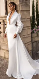 Elihav Sasson robes de mariée en Satin col en V profond à manches longues jardin balayage Train grande taille robe de mariée robes de mariée 332j