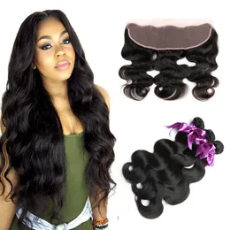 Brasilianska Virgin Hårbuntar med stängning Body Wave Pre Plocked Human Hair 3 Bundlar med 13 * 4 Spetslåsning kan färgas