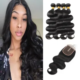 Allove 8-28inch Indian Human Hair Bundles Wefts with Closure Body Straight Brazilian Kinky Curly Virgin Extensions Deep Loose Water Wave for Women All Ages Jet Black