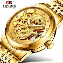 Tevise Luxury Golden Dragon Design Mens Watches Rostfritt stål skelett Automatisk mekanisk klocka Vattentät hanklocka273q