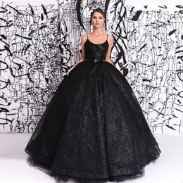 Sparkly Cekinowa Suknia Balowa Prom Dresses Scoop Neck Bez Rękawów Czarne Suknie Wieczorowe Plus Rozmiar Długość podłogi Tulle Formalna sukienka