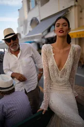 2020 Inbal Dror Wedding Dress V Neck Sequined Lace Mermaid Bridal Gowns Long Sleeves Backless Beach Wedding Dress Custom H089