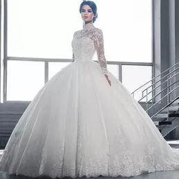 2019 Cheap Vintage Puffy Ball Gown Wedding Dresses Arabic High Neck Illusion Lace Applique Crystal Beaded Sweep Train Formal Bridal Gowns