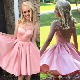 Short Lace Homecoming Dresses Sheer Neck Appliques Pleats Above Knee Length Satin Prom Dresses Graduation Gowns