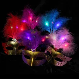 Guldpulver Prinsessan Villus Mask Fjäder Led Lysande Masker Halloween Kostym Barn Barnleksaker Party Favor Fast Shipping