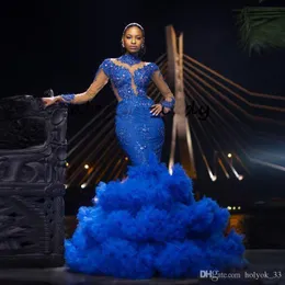 Dubaj Arabski Luksus Royal Blue Mermaid Suknie Wieczorowe Sheer Neck Zroszony Koronki Aplikacja Długie Rękawy Prom Dress Suknie Wieczorowe Abendkleider