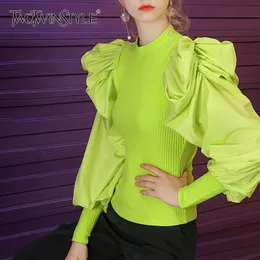Twotwinstyle Patchwork Örgü Kadın Kazak O Boyun Puf Kollu Dantelli Streetwear Kadın Kazak Sonbahar Moda Yeni 2019 V191105