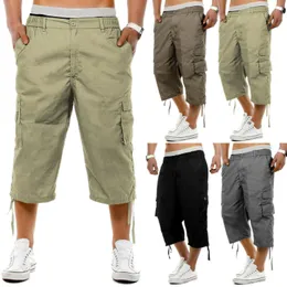 Мужские 3/4 длинные длины случайные брюки эластированные талии грузовые боевые три четверти короткие штаны