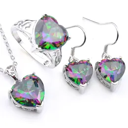 Luckyshine 3 PiecesSet Earring Rings Pendants Jewelry Set Heart Rainbow Topaz 925 Silver Necklace Wedding Party Charm For Woman S2976648