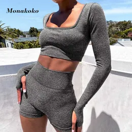 Mode sommar yoga set kvinnor två 2 stycken grå långärmad skörd topp t-shirt shorts sexig sportuit träning outfit gym sport set