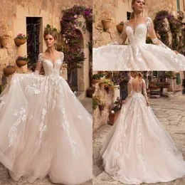 Champagne Långärmade Lace Bröllopsklänningar 2020 Sheer Tulle Applique Bridal Gown Beach Vestido de Novia BC2558