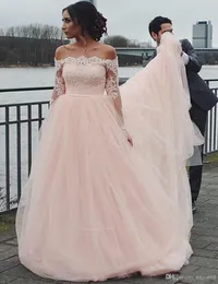 Elegant Charming A Line Wedding Dresses Off Shoulder Long Sleeve Puffy Tulle Train Long Blush Pink Bridal Dresses With Lace Appliques